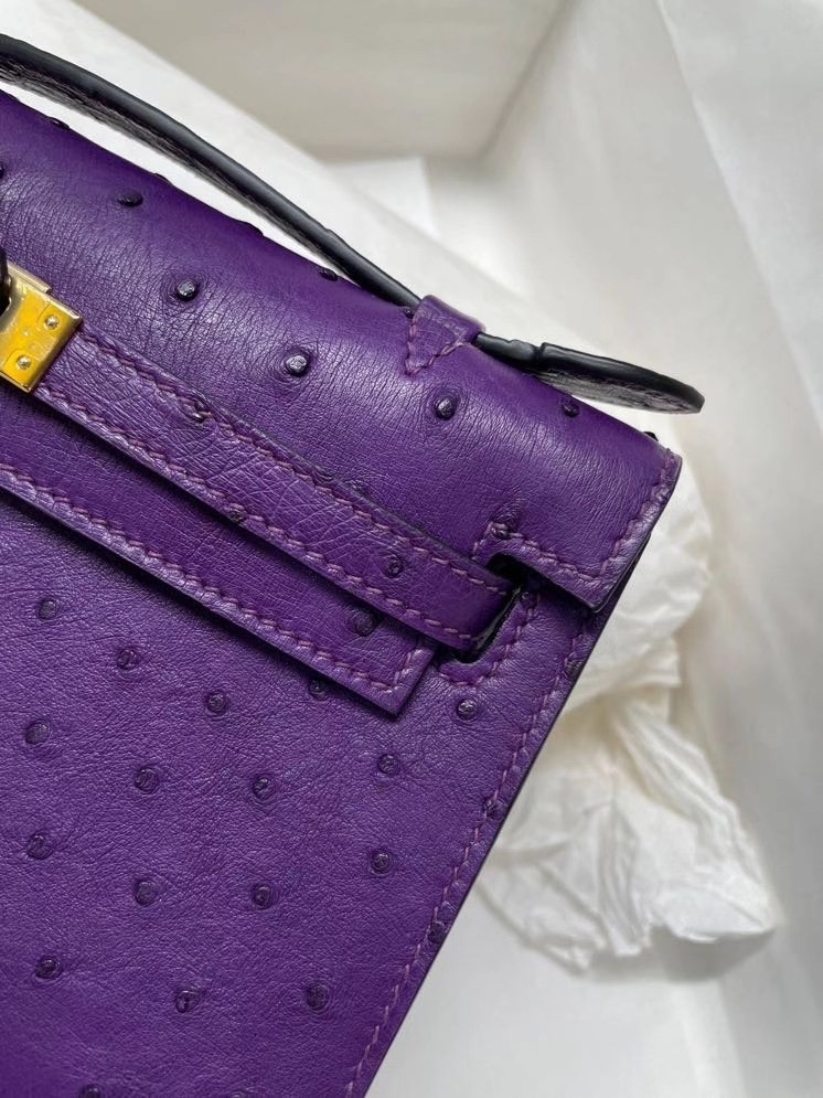 Hermes Mini Kelly Pochette 22cm Bag In Violet Ostrich Leather